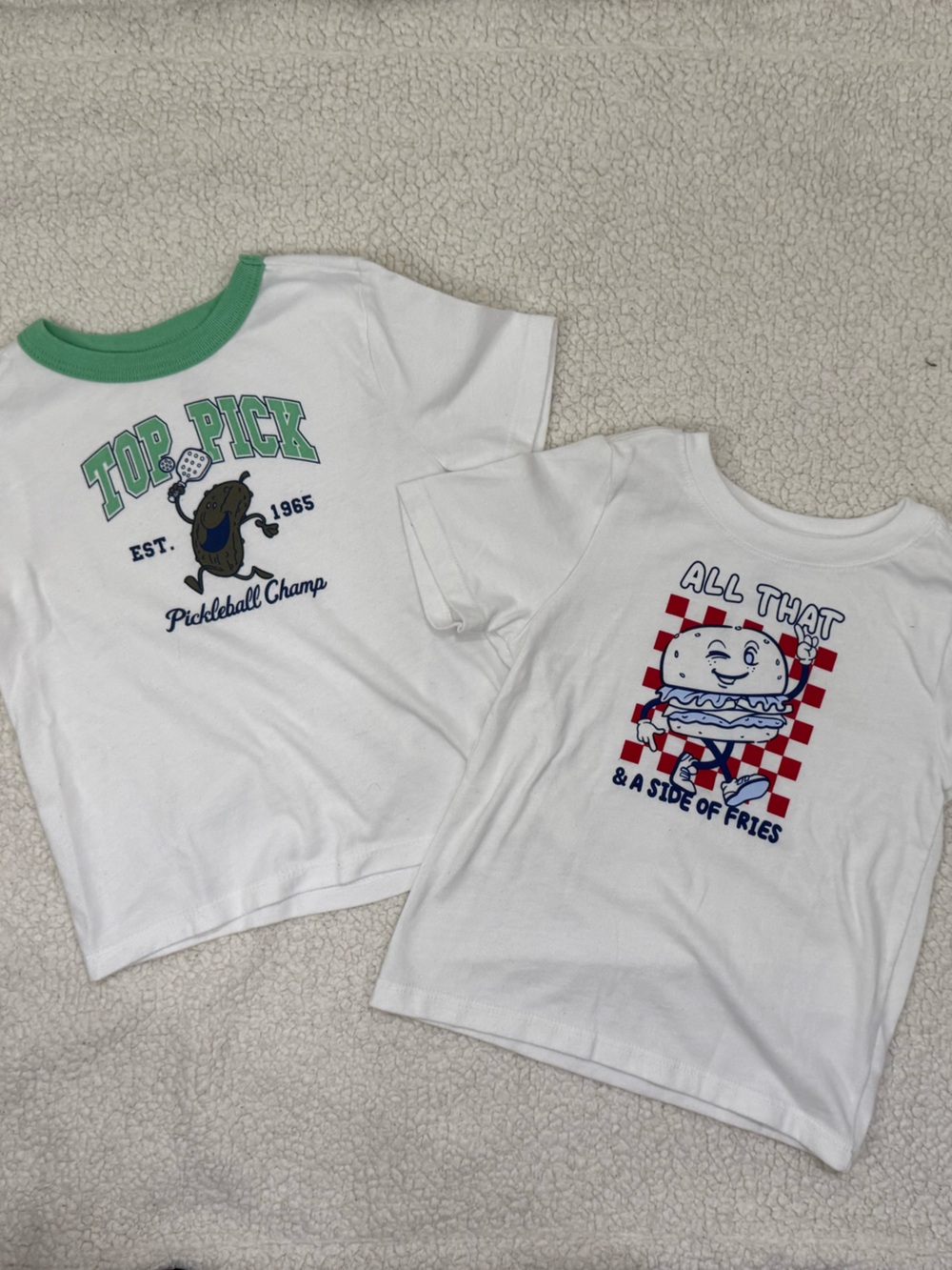 White Graphic Kids Tee with Green Neckline